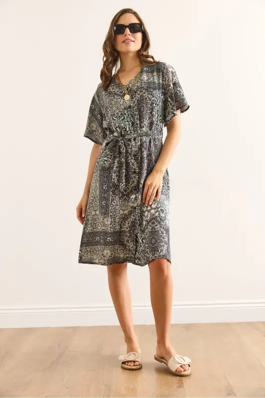 Women Patch Gray V Neck Belted Woven Mini Shirt Dress ELB-19002380-Patch Gray - 3