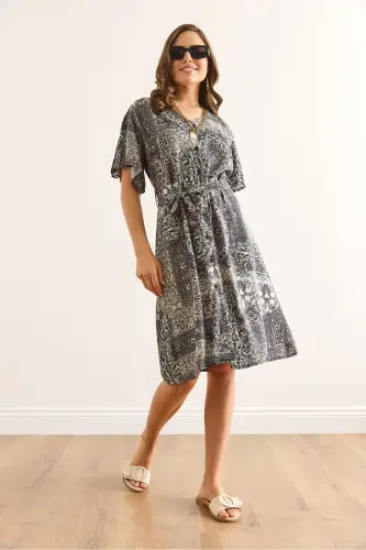 Women Patch Gray V Neck Belted Woven Mini Shirt Dress ELB-19002380-Patch Gray - 4