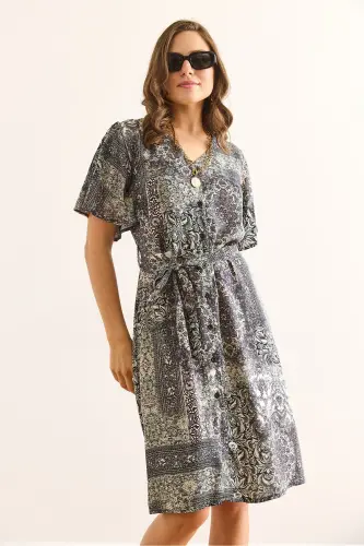 Women Patch Gray V Neck Belted Woven Mini Shirt Dress ELB-19002380-Patch Gray - 5
