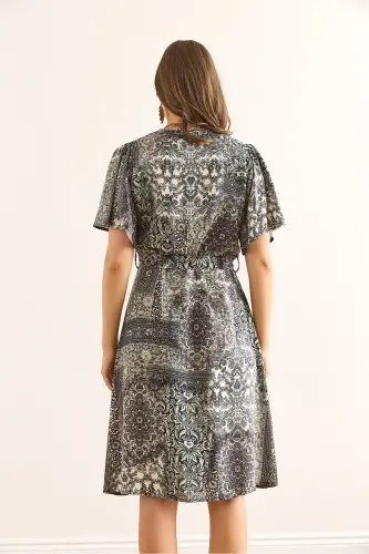 Women Patch Gray V Neck Belted Woven Mini Shirt Dress ELB-19002380-Patch Gray - 6