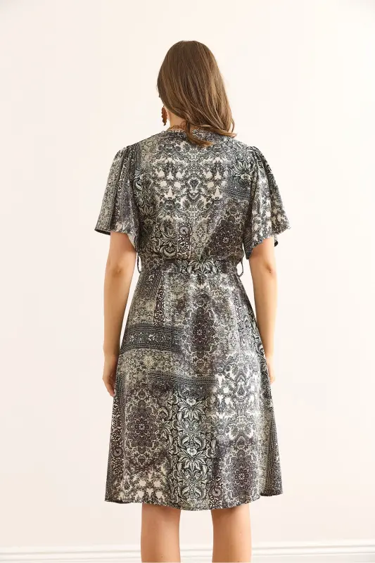 Women Patch Gray V Neck Belted Woven Mini Shirt Dress ELB-19002380-Patch Gray - 6