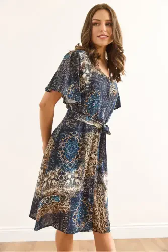 Women Patch Navy Blue V Neck Belted Woven Mini Shirt Dress ELB-19002380-Patch Navy Blue - 1