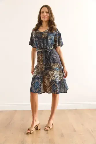 Women Patch Navy Blue V Neck Belted Woven Mini Shirt Dress ELB-19002380-Patch Navy Blue - OLALOOK (1)