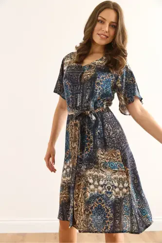 Women Patch Navy Blue V Neck Belted Woven Mini Shirt Dress ELB-19002380-Patch Navy Blue - 3