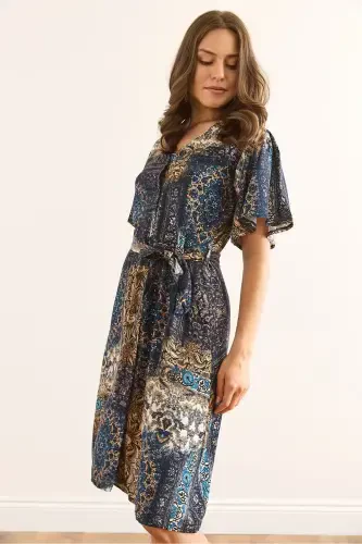 Women Patch Navy Blue V Neck Belted Woven Mini Shirt Dress ELB-19002380-Patch Navy Blue - 4