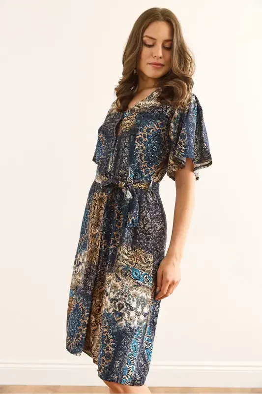 Women Patch Navy Blue V Neck Belted Woven Mini Shirt Dress ELB-19002380-Patch Navy Blue - 4