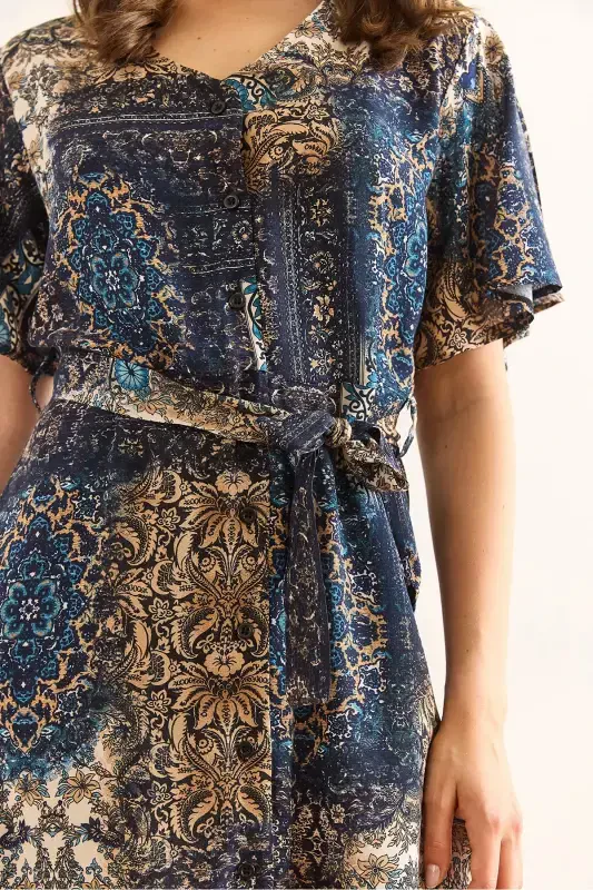 Women Patch Navy Blue V Neck Belted Woven Mini Shirt Dress ELB-19002380-Patch Navy Blue - 5