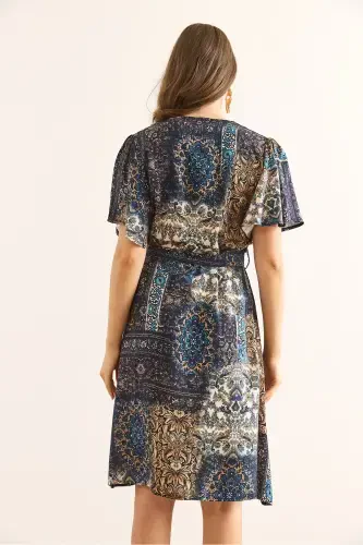 Women Patch Navy Blue V Neck Belted Woven Mini Shirt Dress ELB-19002380-Patch Navy Blue - 6