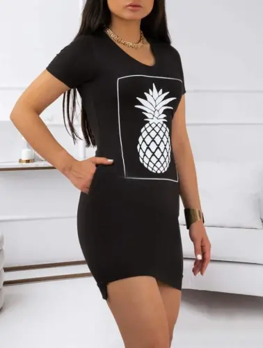 Women Pineapple Print Short Sleeve Viscose Dress - BÜYÜKBEDENIZ (1)