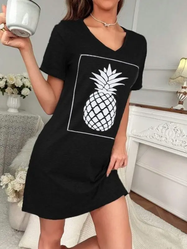 Women Pineapple Print Short Sleeve Viscose Dress - 4