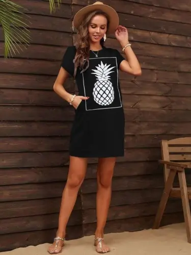 Women Pineapple Print Short Sleeve Viscose Dress - 5