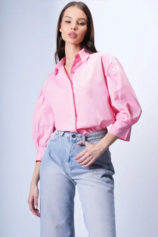 Women Pink Balloon Sleeve Hidden Placket Basic Poplin Shirt ALC-X9654-Pink - 4