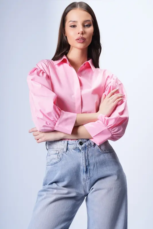 Women Pink Balloon Sleeve Hidden Placket Basic Poplin Shirt ALC-X9654-Pink - 5