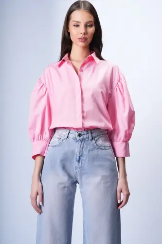 Women Pink Balloon Sleeve Hidden Placket Basic Poplin Shirt ALC-X9654-Pink - 6