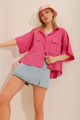 Women Pink Double Pocket Half Sleeve Linen Shirt ALC-X9991-Pink - 1
