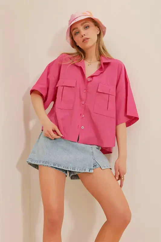 Women Pink Double Pocket Half Sleeve Linen Shirt ALC-X9991-Pink - 2