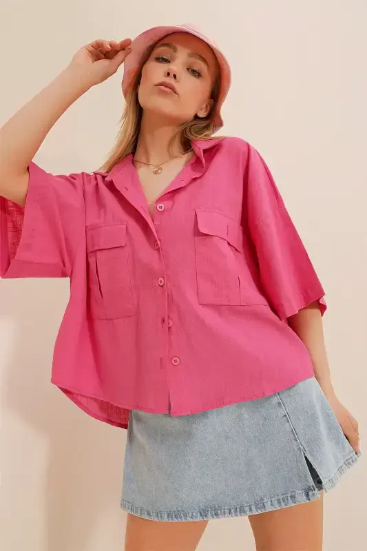 Women Pink Double Pocket Half Sleeve Linen Shirt ALC-X9991-Pink - 4