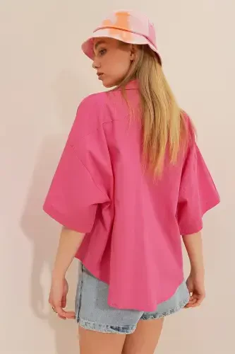 Women Pink Double Pocket Half Sleeve Linen Shirt ALC-X9991-Pink - 5