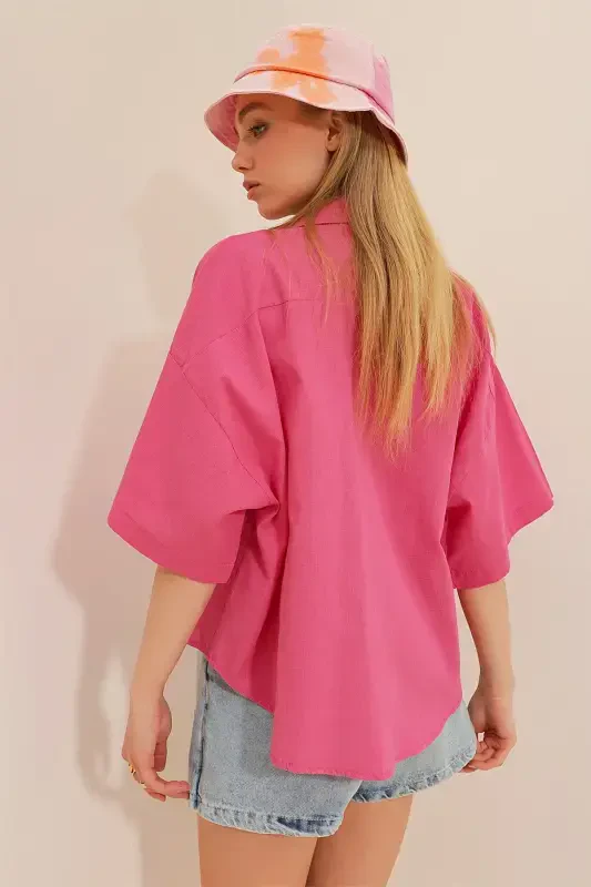 Women Pink Double Pocket Half Sleeve Linen Shirt ALC-X9991-Pink - 5