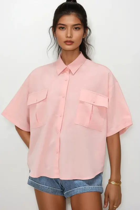Women Pink Double Pocket Half Sleeve Linen Shirt ALC-X9991-Pink - 1