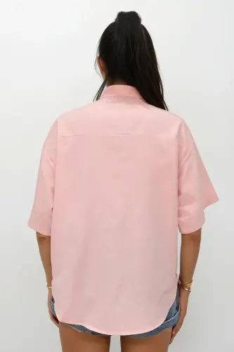 Women Pink Double Pocket Half Sleeve Linen Shirt ALC-X9991-Pink - 4