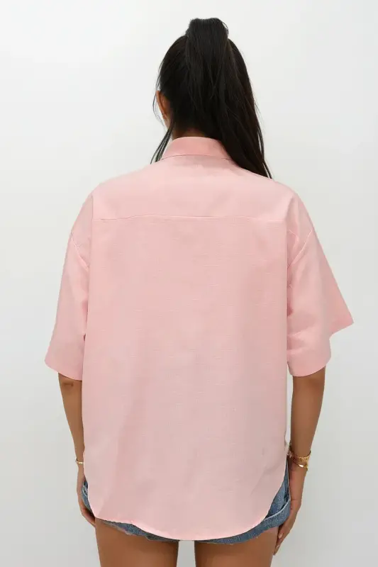Women Pink Double Pocket Half Sleeve Linen Shirt ALC-X9991-Pink - 4