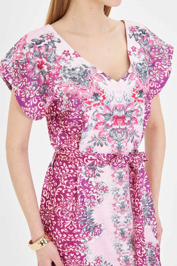 Women Pink Front Back V Neck Belted Patterned Dress - 2