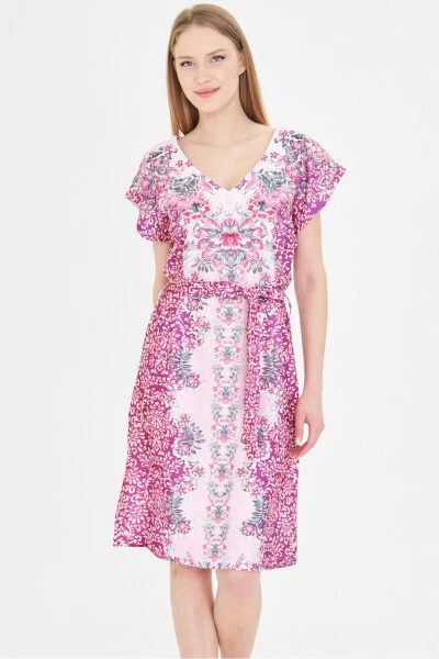 Women Pink Front Back V Neck Belted Patterned Dress - 3