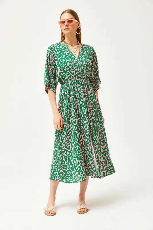 Women Pink Green Crossover Neck Batwing Waist Elastic Woven Dress CLB-19002084-Pink Green - 2