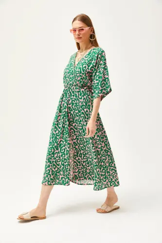 Women Pink Green Crossover Neck Batwing Waist Elastic Woven Dress CLB-19002084-Pink Green - 6