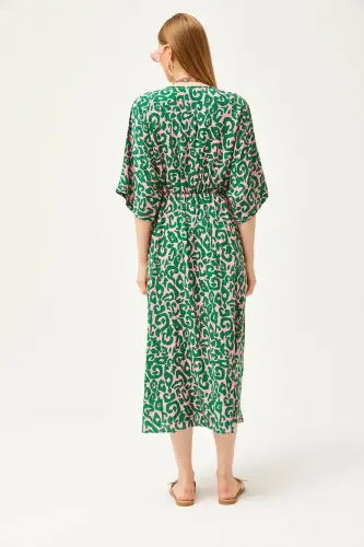 Women Pink Green Crossover Neck Batwing Waist Elastic Woven Dress CLB-19002084-Pink Green - 7