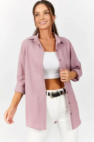 Women Pink Oversize Long Basic Shirt Arm-22y001118-Pink 