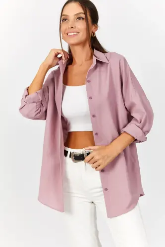 Women Pink Oversize Long Basic Shirt Arm-22y001118-Pink - 2