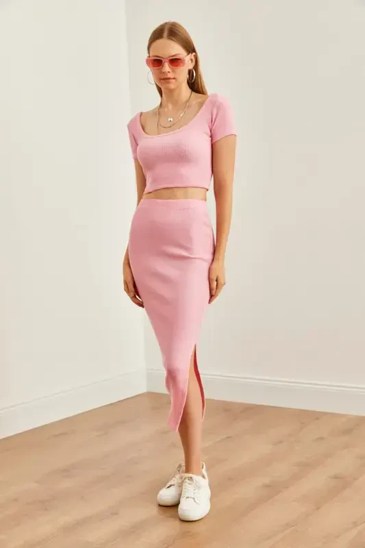 Women Pink Pool Collar Crop Blouse Slit Pencil E - 2