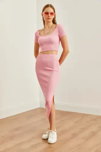 Women Pink Pool Collar Crop Blouse Slit Pencil E - 3