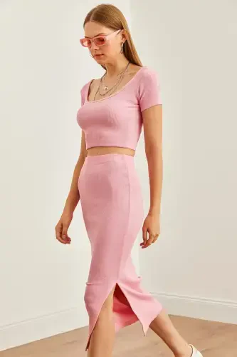 Women Pink Pool Collar Crop Blouse Slit Pencil E - 5