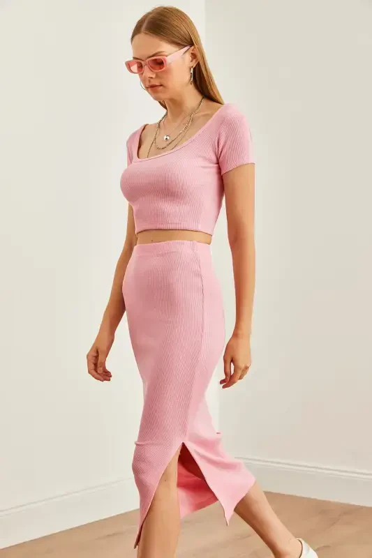 Women Pink Pool Collar Crop Blouse Slit Pencil E - 5