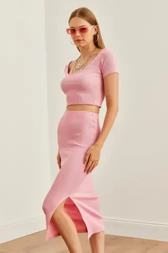 Women Pink Pool Collar Crop Blouse Slit Pencil E - 6