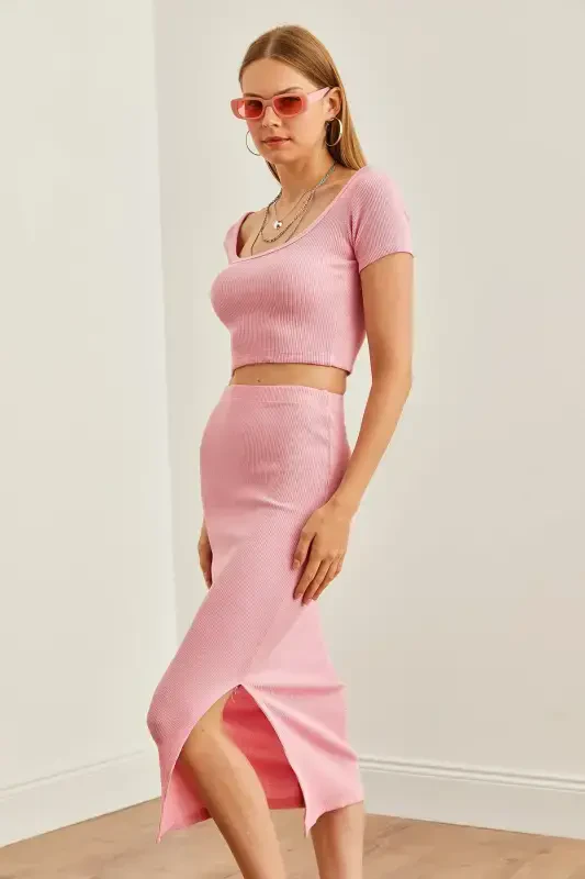 Women Pink Pool Collar Crop Blouse Slit Pencil E - 6