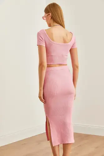 Women Pink Pool Collar Crop Blouse Slit Pencil E - 7