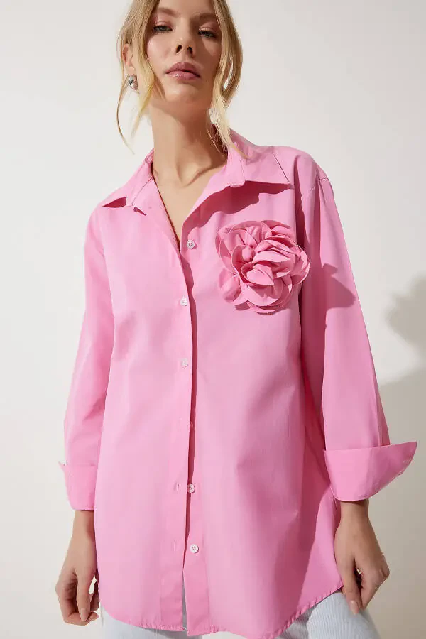 Women Pink Premium Flower Brooch Detailed Shirt UL00 - 1