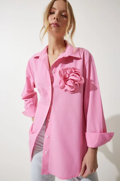 Women Pink Premium Flower Brooch Detailed Shirt UL00 - HAPPINESS İSTANBUL (1)