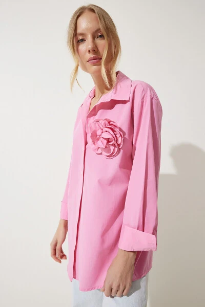 Women Pink Premium Flower Brooch Detailed Shirt UL00 - 4