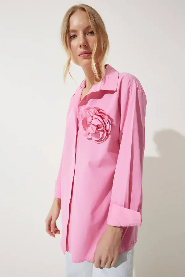 Women Pink Premium Flower Brooch Detailed Shirt UL00 - 4