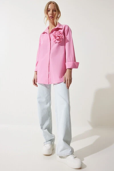 Women Pink Premium Flower Brooch Detailed Shirt UL00 - 5