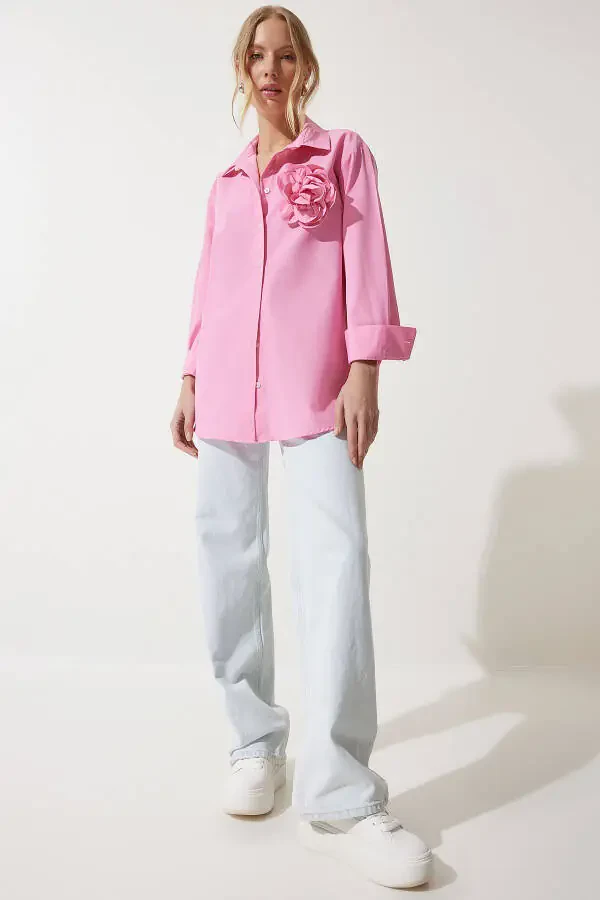 Women Pink Premium Flower Brooch Detailed Shirt UL00 - 5