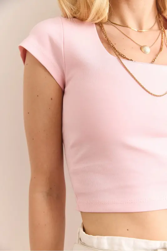 Women Pink Square Neck Crop Interlock Blouse BLZ-19002 - 5