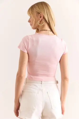 Women Pink Square Neck Crop Interlock Blouse BLZ-19002 - 6