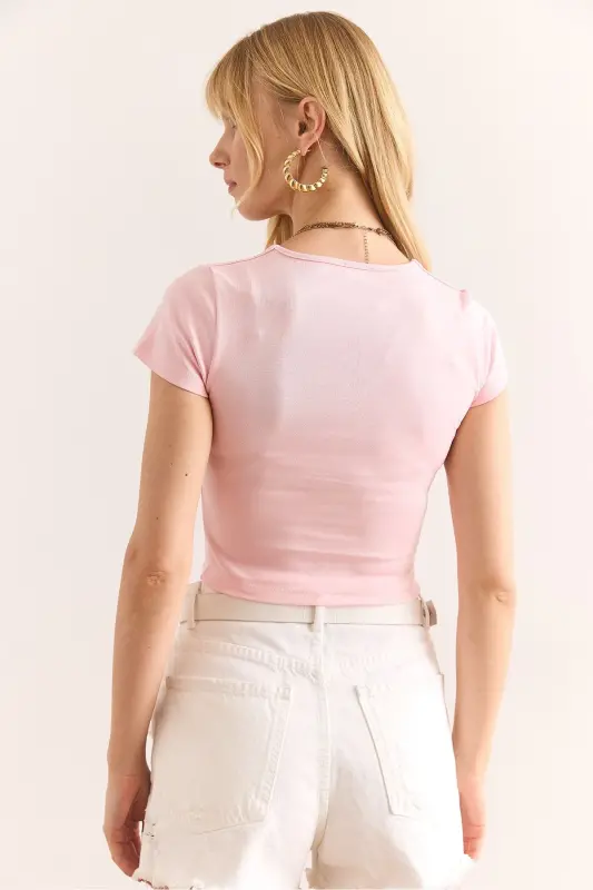 Women Pink Square Neck Crop Interlock Blouse BLZ-19002 - 6