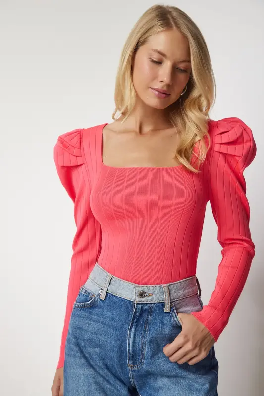Women Pink Square Neck Ribbed Knitwear Blouse YY00159-Pink - HAPPINESS İSTANBUL